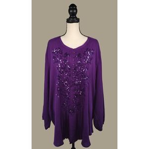 Roaman's Purple Sparkly Pleated Long Sleeve Blouse Size 30W